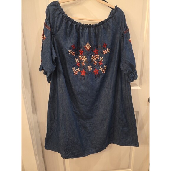 J GEE Dress Sz 2x Blue‎ Chambray Embroidered Puff Sleeve Boho Western Festival - Picture 1 of 7